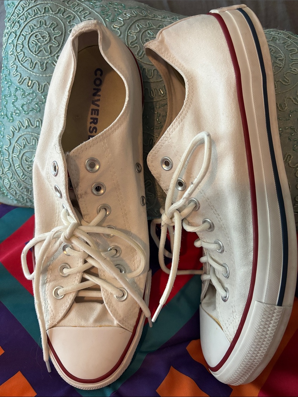 Converse White Low Top Canvas Sneakers with Red Trim